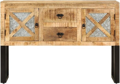 Industrial Style Mango Wood Sideboard, Rough Finish, 43.3" Wide, Living Room Buffet Cabinet with 2 Doors & 2 Drawers, Polished Brown Storage Furniture Kitchen Furnitur