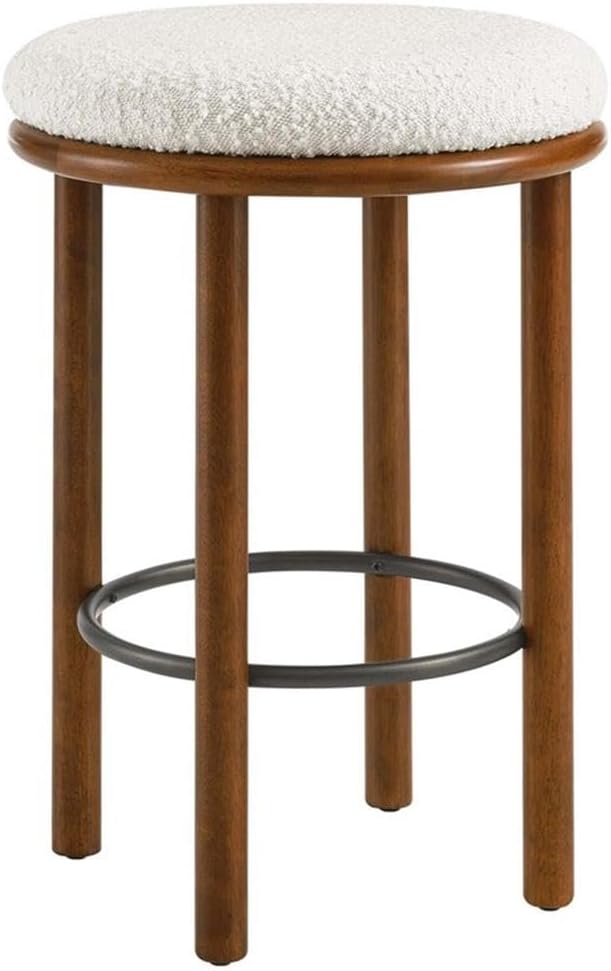 Modway Fable 26 Inch Backless Counter Stools Set of 2 in Walnut Ivory - Kitchen Stools Counter Height - 2Pcs Upholstered Padded Boucle Seat for Kitchen Counter or Island with Wood Legs and Footrest