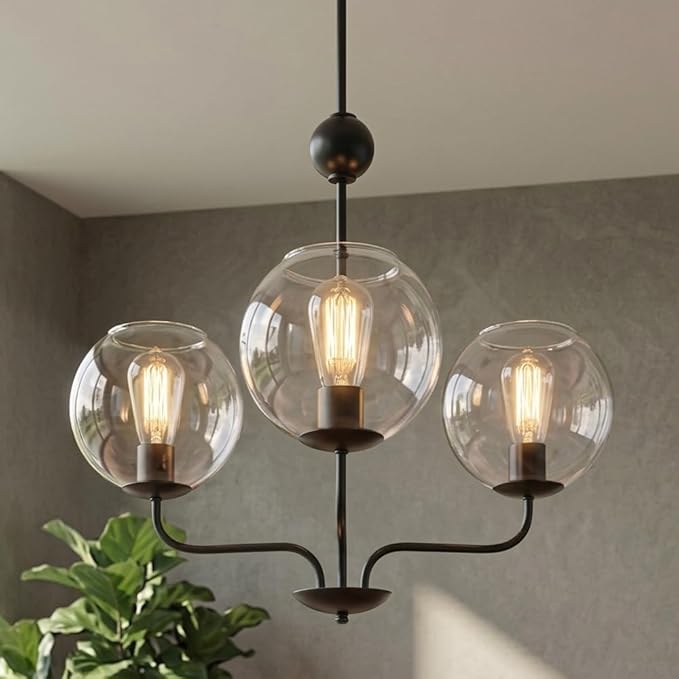 Classic 3-Light Black Chandelier with Upward U-Shaped Arms, Modern Vintage Pendant Lighting with Clear Glass Globes, Ceiling Light Fixture for Dining Room, Living Room, Hallway