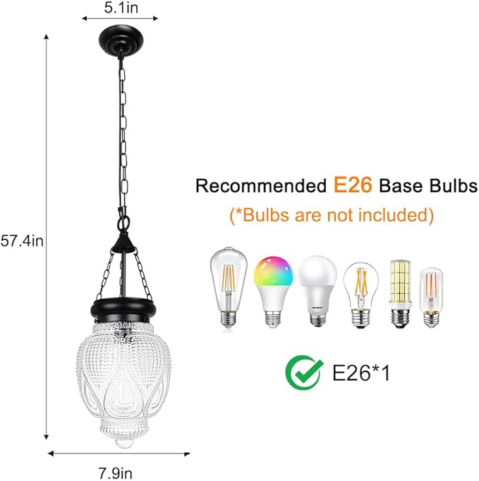 Vintage Pendant Lights Kitchen Island, Black Kitchen Pendant Lighting Over Island, Bathroom Pendant Light With 7.9in Glass Shade, Farmhouse Sink Light For Closet Pantry Entryway, Height Adjustable