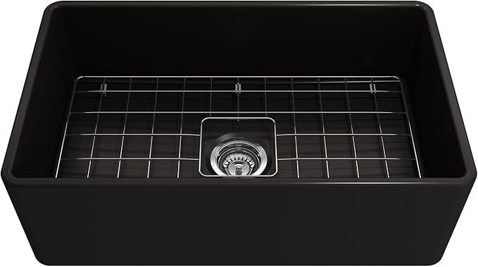 BOCCHI Classico Farmhouse Apron Front Fireclay 30 in. Single Bowl Kitchen Sink with Protective Bottom Grid and Strainer in Matte Black