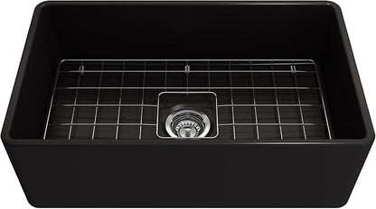 BOCCHI Classico Farmhouse Apron Front Fireclay 30 in. Single Bowl Kitchen Sink with Protective Bottom Grid and Strainer in Matte Black