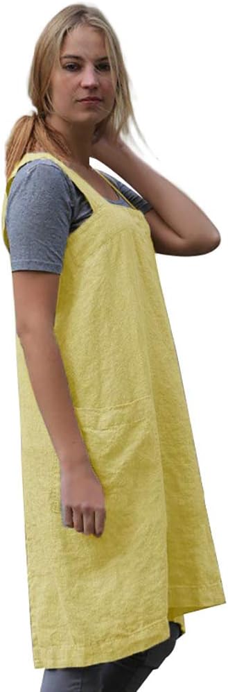 Larmliss Women's Pinafore Square Apron Baking Cooking Gardening Works Cross Back Cotton/Linen Blend Dress with 2 Pockets