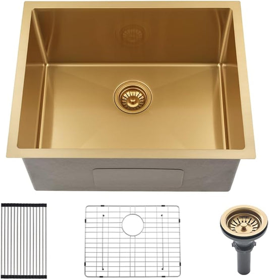 22 Inch Gold Undermount Laundry Sink -HLBLFY 22"x18"x12" Stainless Steel Laundry Room Sink Gold Utility Sink 16 Gauge Single Bowl Deep Undermount Kitchen Sink with Roll Up Rack