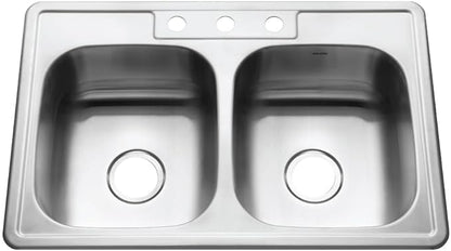 Houzer 3322-8BS3-1 Glowtone Series Topmount Stainless Steel 3-hole 50/50 Double Bowl Kitchen Sink, 8-Inch Deep