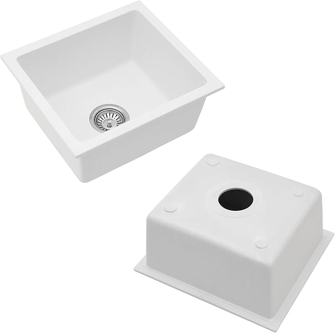 18x16 Inch Undermount Kitchen Granite Composite Sink - 18 inch White Granite Sink Quartz Classic Under Counter Ledge Single Bowl Sink Basin(18"x16") LOF-GC1816