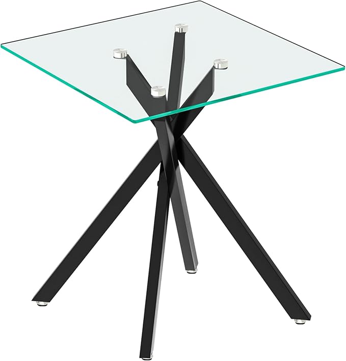 Square Side Table with X-Shaped Chrome Metal Base, Tempered Glass End Tables Small End Table, Living Room Sofa Couch Side Table, Modern Bedsde Tables Bedroom Night Stand, Black Nightstand
