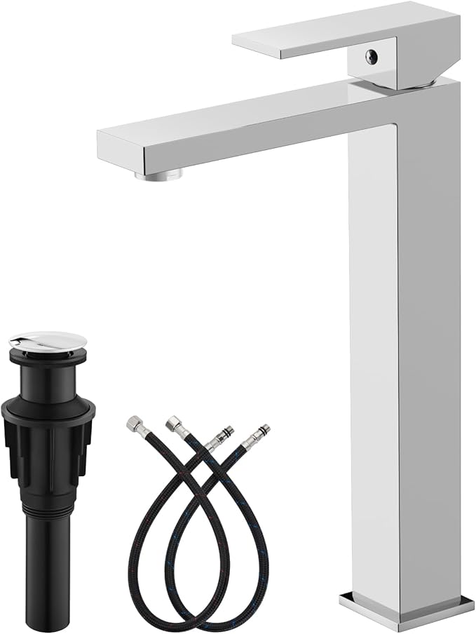 gotonovo Vessel Sink Faucet Single Handle Tall Bathroom Faucet One Hole Modern Lavatory Vanity Basin Mixer Tap Matching Supply Hoses and Pop up Drain Without Overflow, Polish Chrome