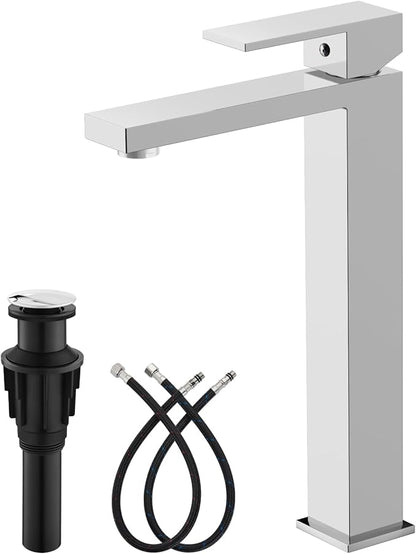 gotonovo Vessel Sink Faucet Single Handle Tall Bathroom Faucet One Hole Modern Lavatory Vanity Basin Mixer Tap Matching Supply Hoses and Pop up Drain Without Overflow, Polish Chrome