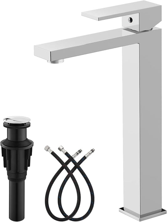 gotonovo Vessel Sink Faucet Single Handle Tall Bathroom Faucet One Hole Modern Lavatory Vanity Basin Mixer Tap Matching Supply Hoses and Pop up Drain Without Overflow, Polish Chrome