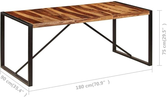 Solid Sheesham Wood Dining Table Industrial Modern Rectangular 70.9 Inch Long Kitchen Dining Room Table Brown Top Black Metal Legs for Family Gatherings
