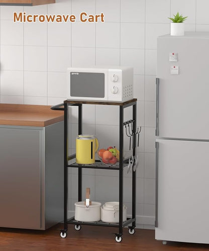 Kitchen Microwave Stand Cart with Storage Rack, 3-Tier Rolling Kitchen Side Table on Wheels with 8 Hooks, Utility Small Coffee Shelf Organizer for Living Room, Bedroom, Bathroom, Office, Black