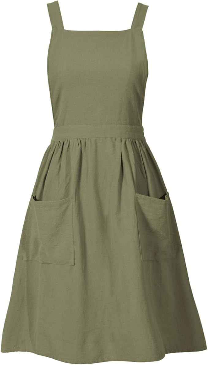Pinknoke Cotton Linen Pinafore Apron Dress for Women with Pockets Cute Art Chef Aprons for Kitchen Baking Gardening Painting