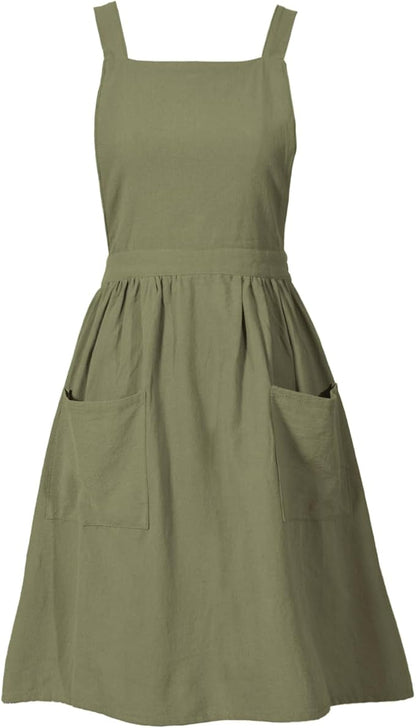 Pinknoke Cotton Linen Pinafore Apron Dress for Women with Pockets Cute Art Chef Aprons for Kitchen Baking Gardening Painting