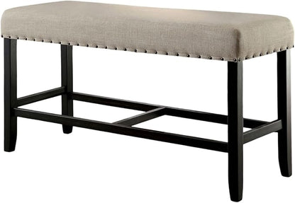 Rustic Farmhouse Counter Height Bench, Beige Linen & Antique Black Nailhead Trim - Solid Wood Dining Room Bench for Kitchen Island
