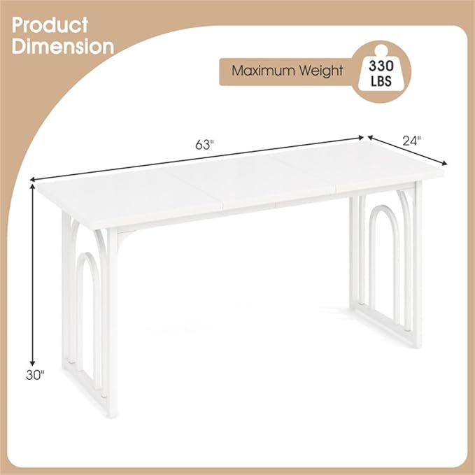 White 63" Rectangular Dining Table with Adjustable Foot Pads for Stability & Small Spaces, Narrow Kitchen Table, Space Saving Dining Tables, Kitchen Island Tables Stable Dining Table