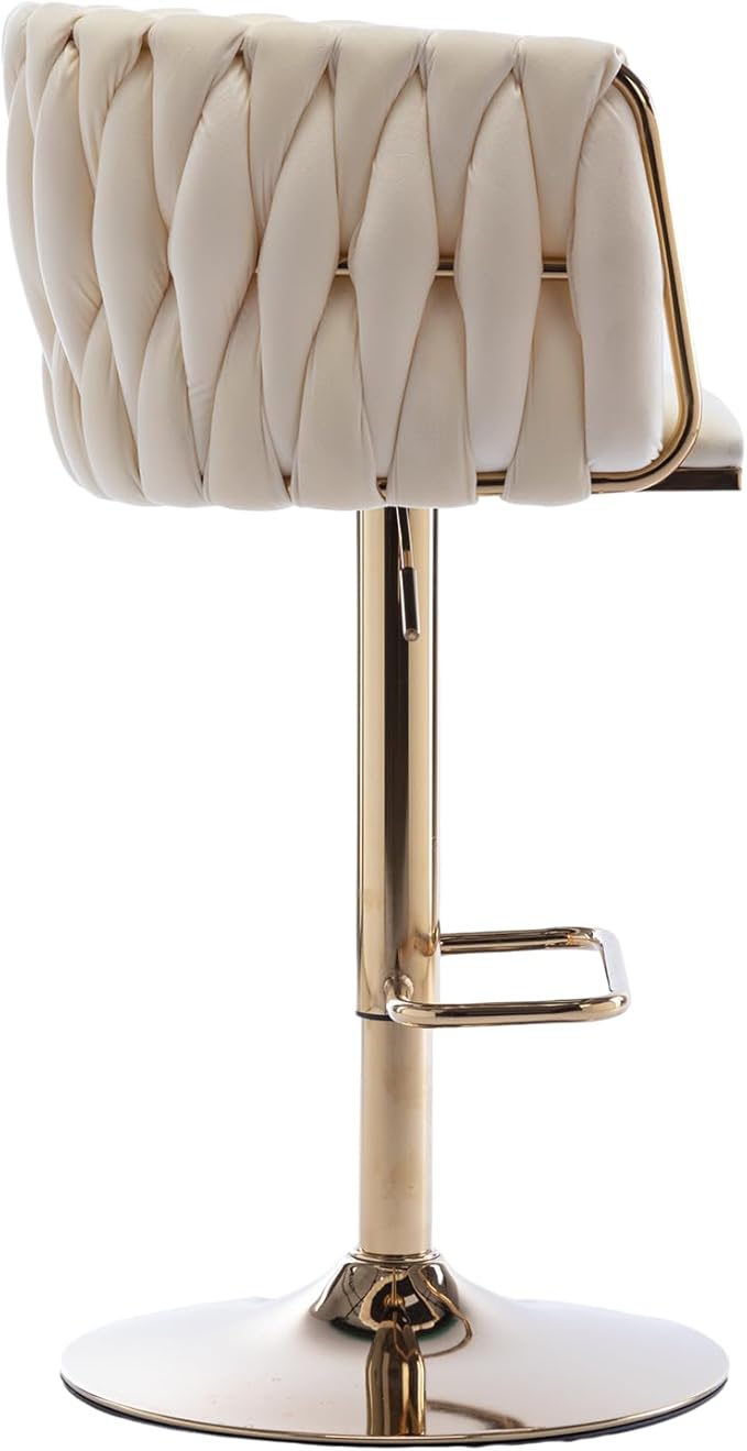 Rhomtree 24-32 Inch Swivel Bar Stools, Adjustable Counter Height Barstools with Nailheads Trim, Velvet Woven Tufted Back and Golden Footrest, Upholstered Bar Chairs Bar Kitchen Island(Ivory Set of 2)