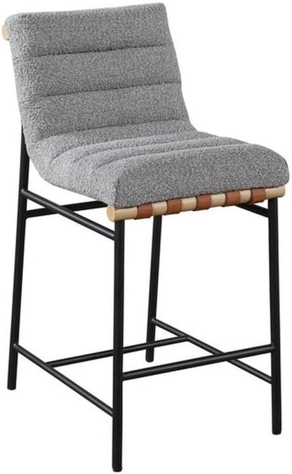 Lilola Home Lahni 18" W Gray Boucle Fabric Counter Height Chair – Contemporary Upholstered Bar Stool with Cognac PU Leather Detail and Fully Assembled Design for Kitchen Dining Room