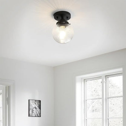 Yosoan 1-Light Indoor Flush Mount Hallway Ceiling Light, Single Modern Hardwired Vintage Industrial Retro Textured Striped Round Shade Farmhouse Lamp for Corridor Kitchen Bathroom Bedroom(Black)