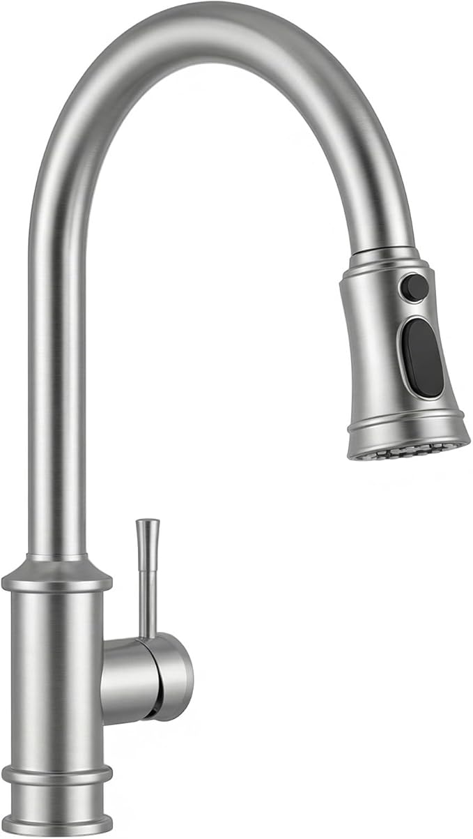 Hiqufet Vintage Kitchen Faucets with Pull Down Sprayer, Stainless Steel High Arc Kitchen Sink Faucet, Drip-Free 3 Spray Mode Faucet with 360° Rotation, Easy DIY Single Hole Install (Brushed Nickel)