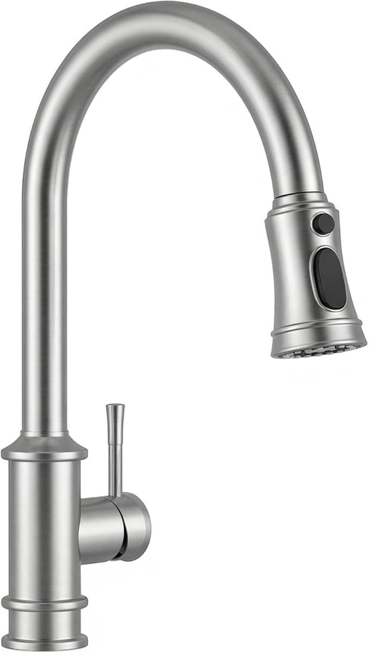 Hiqufet Vintage Kitchen Faucets with Pull Down Sprayer, Stainless Steel High Arc Kitchen Sink Faucet, Drip-Free 3 Spray Mode Faucet with 360° Rotation, Easy DIY Single Hole Install (Brushed Nickel)