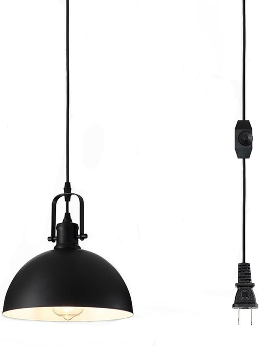 Plug in Pendant Light, Matte Black Haning Light with 19.68 ft Cord, Dimming Switch, Metal Farmhouse Hanging Lamps for Living Room, Kitchen, Dining Room, Bedroom 9.84"
