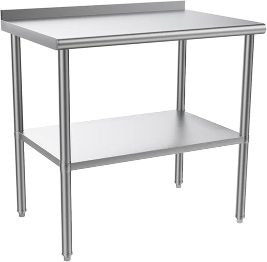 ROVSUN 36'' x 24'' Stainless Steel Table for Prep & Work,Commercial Worktables & Workstations, NSF Heavy Duty Metal Table with Adjustable UnderShelf & Backsplash for Kitchen, Restaurant,Home,Hotel