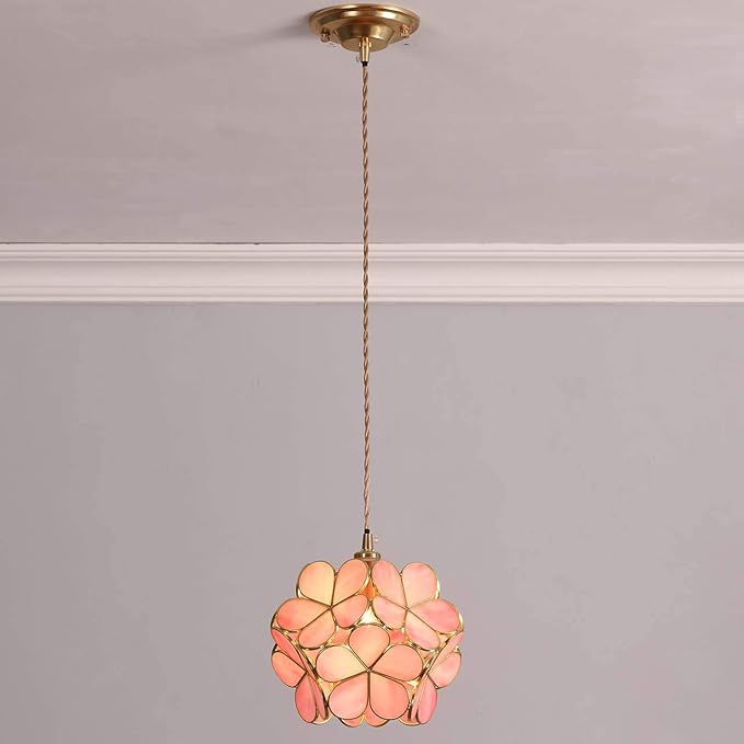 Bieye L10742 Petals Tiffany Style Stained Glass Ceiling Pendant Light with 8-inch Wide Lampshade (Pink, 8" Cherry Blossom)
