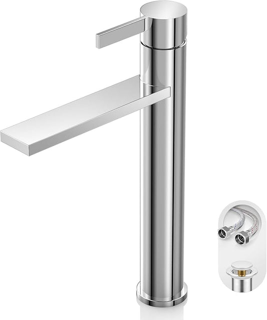 Phiestina Chrome Tall 1 Hole Bathroom Vessel Sink Faucet, Single Hole Single Handle Modern Bathroom Faucet, with Pop Up Drain and Water Supply Line, FH02-C-V