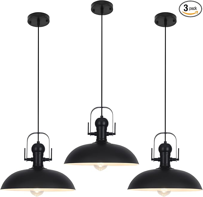 Black Pendant Lights 3 Pack, Dome Pendant Light Kitchen Island 13.8 Inch, Black Farmhouse Pendant Light, Industrial Pendant Lights for Kitchen Barn Hallway Porch Dining Room