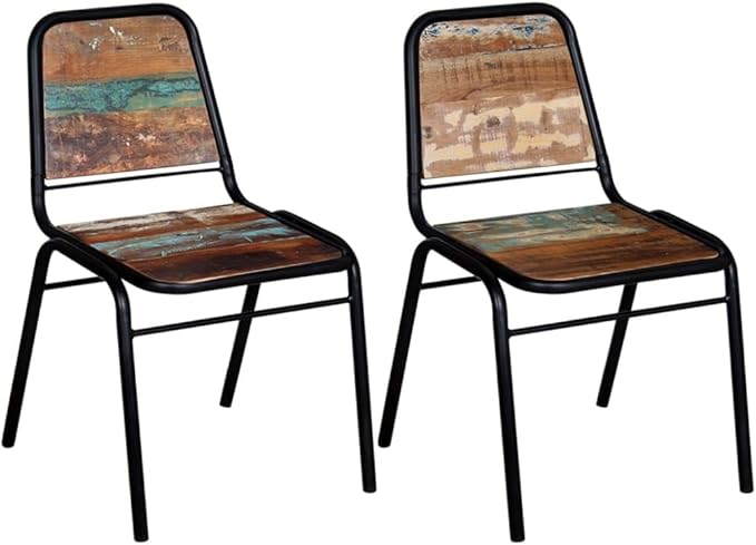 Reclaimed Wood Dining Chairs Set of 2 Solid Farmhouse Kitchen Chairs with Steel Frame Antique Style Furniture for Dining Room Living Room Comedor