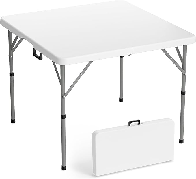 VINGLI 38" Fold in Half Square Table, Bi-Folding Commercial Portable Plastic Dining Table for Kitchen Outdoor Party Wedding Event, White