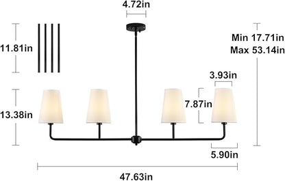 Black Linear Chandelier Modern Farmhouse Kitchen Island Light Fixture Classic 4 Light Chandeliers with White Linen Shades Over Dining Table