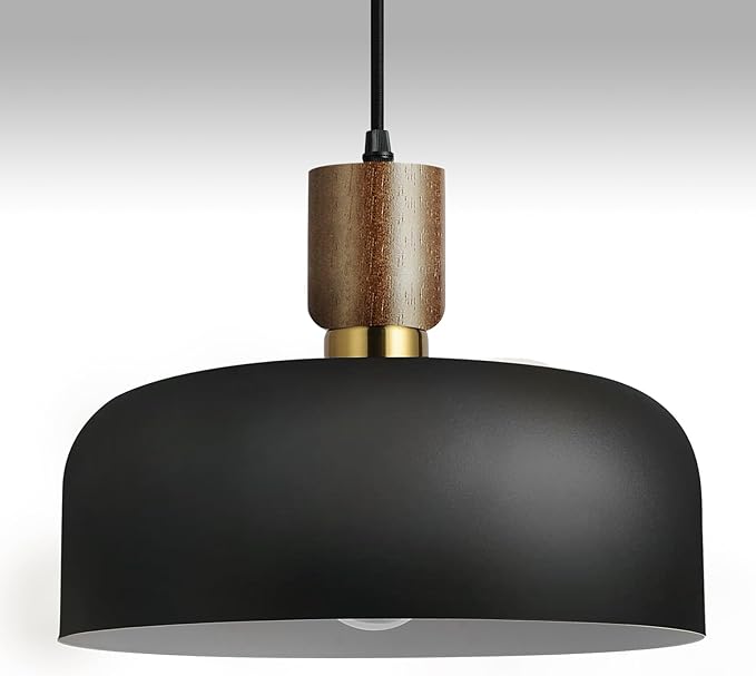 11.6" Modern Black Hanging Light,Large Pendant Light for Kitchen Island,Solid Wood with Hammered Shade,Adjustable Retro Dome Industrial Ceiling Lighting Fixture for Dining Room Hallway Entrance