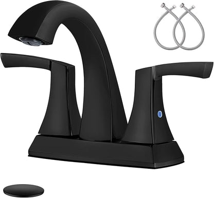 VXV Bathroom Faucet Matte Black, 2 Handles Low Arc Bathroom Sink Faucets, 4 Inch Centerset Bath Lavatory Faucets with Pop-up Drain & Faucet Supply Lines (MB)