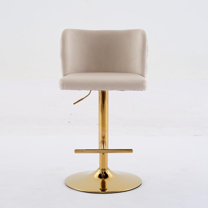 Furniture,Swivel Adjusatble Seat Height with Gold Plating Base, Classic Velvet Upholstered Bar Stools with The Whole Back Tufted, for Home Pub and Kitchen Island,Beige, Set of 2