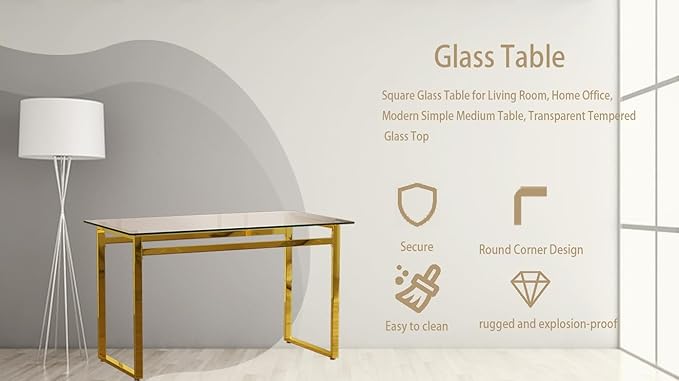 51" Modern Minimalist Rectangular Glass Dining Table for 4-6 with 0.31" Tempered Glass Tabletop and Chrome Metal Legs, Writing Table Desk for Kitchen Dining Living Room (Clear&Golden)