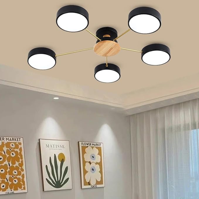 LED Ceiling Light Fixture,32 Inch 5-Lights Modern Ceiling Lights Flush Mount Wooden 40W Dimmable Chandelier for Living Room Bedroom Kitchen,3000K/4000K/6000K Temperatures Selectable Black