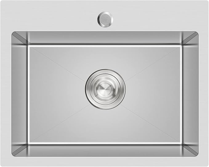 24 Inch Kitchen Sink Drop-in, 18 Gauge Stainless Steel Single Bowl Single Faucet Hole Top Mount Workstation Sink, D24"xW18"xH9"