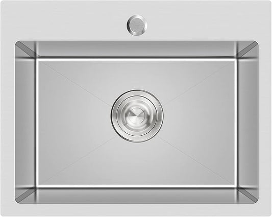 24 Inch Kitchen Sink Drop-in, 18 Gauge Stainless Steel Single Bowl Single Faucet Hole Top Mount Workstation Sink, D24"xW18"xH9"