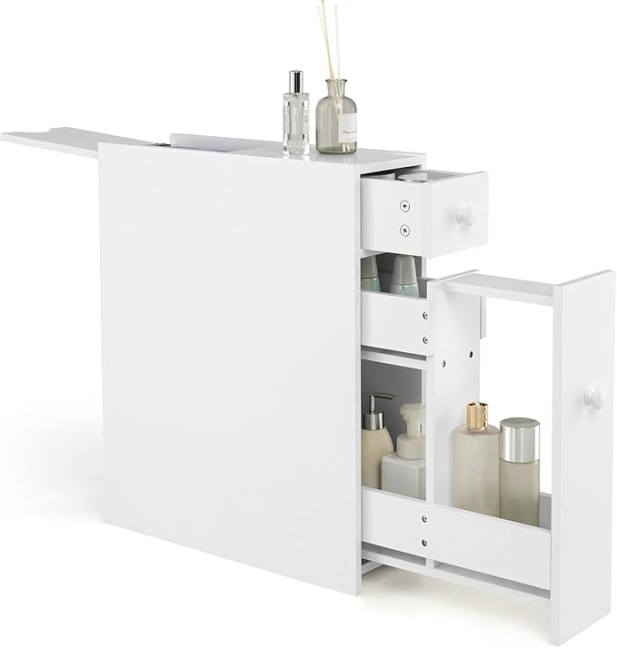 Nightcore Narrow Bathroom Storage Cabinet, Multi-Functional Storage Organizer with Drawers, Double Door, Shelves & Toilet Paper Holder, Space-Saving Storage Cabinet for Toilet, Kitchen,(White)