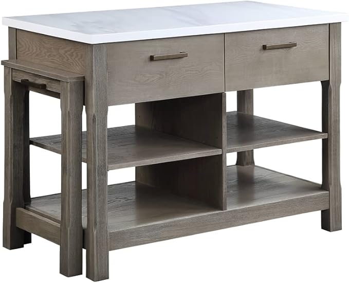Acme Feivel Kitchen Island with Pull Out Table in Marble Top and Rustic Oak