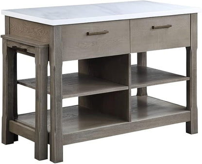 Acme Feivel Kitchen Island with Pull Out Table in Marble Top and Rustic Oak