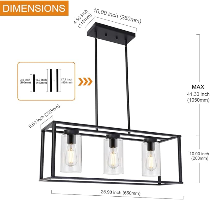 VINLUZ Contemporary Chandeliers Black 3 Light Modern Dining Room Lighting Fixtures Hanging, Kitchen Island Cage Linear Pendant Lights Farmhouse Flush Mount Ceiling Light with Glass Shade