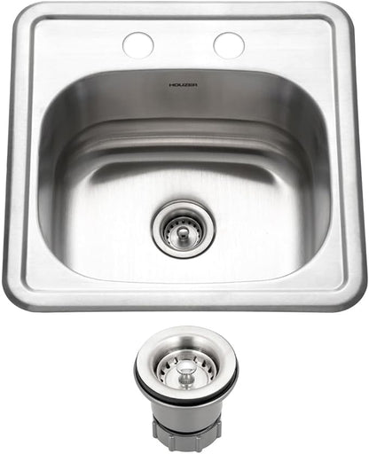 Houzer Hospitality Stainless Steel Bar & Prep Sink: 15 Inch Drop-In Topmount 2-Hole Sink for Bar & Kitchen, Durable & Versatile, Essential for Home & Apartment: 1515-6BS-C