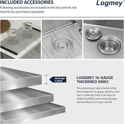 Logmey 33 Inch Apron Front Farmhouse Kitchen Sink,33x20 Premium 16 Gauge Stainless Steel Deep Single Bowl Sink,Ideal for Home Cooking,Cleaning & Daily Kitchen Use,Noise Reduction