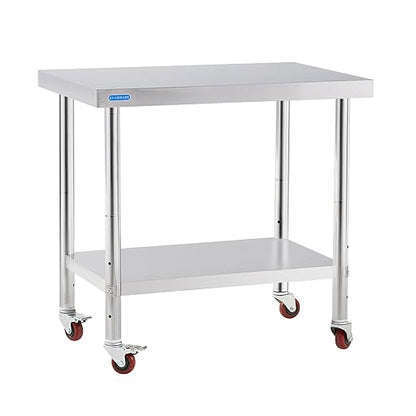 KUARBARR Stainless Steel Table for Prep & Work with 4 Caster Wheels with Undershelf 24 x 36 NSF Metal Commercial Kitchen Adjustable Undershelf Worktable for Restaurant Home Outdoor