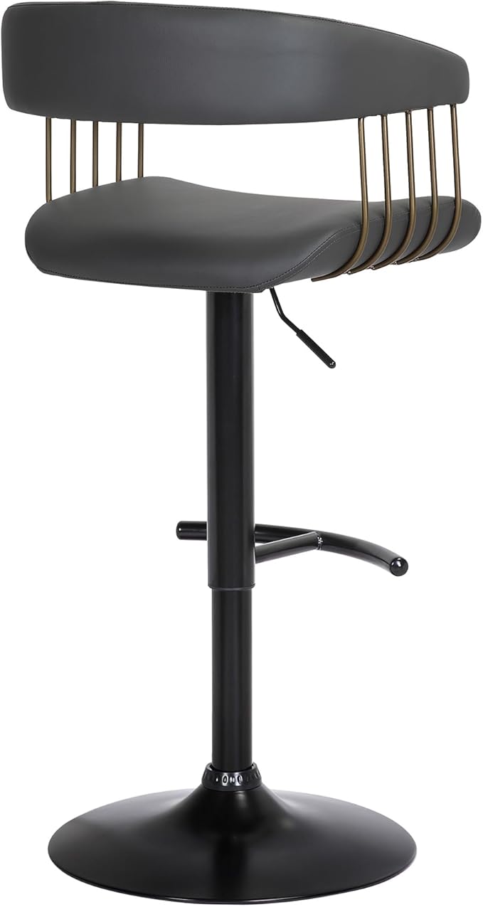 Armen Living Calista Adjustable Height Mid Century Modern Swivel Bar Stool for Kitchen Island Counter in Black Faux Leather with Golden Bronze and Black Metal