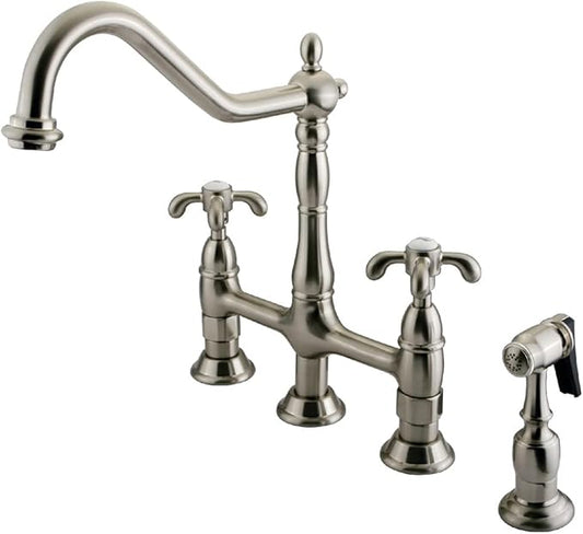 Kingston Brass KS1278TXBS French Country Bridge Kitchen Faucet with Brass Sprayer, Brushed Nickel