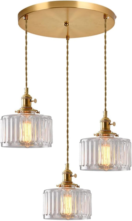 Cluster 3-Light Kitchen Island Chandelier Glass Globe Ceiling Pendant Light Clear Striped Shade Mid Century Modern Chandelier Brushed Gold Hanging Lights Fixture Multi Chandeliers
